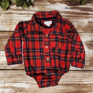 Mud Pie Red Tartan Plaid 3-6 Mo Baby Bodysuit Long Sleeve Button Down